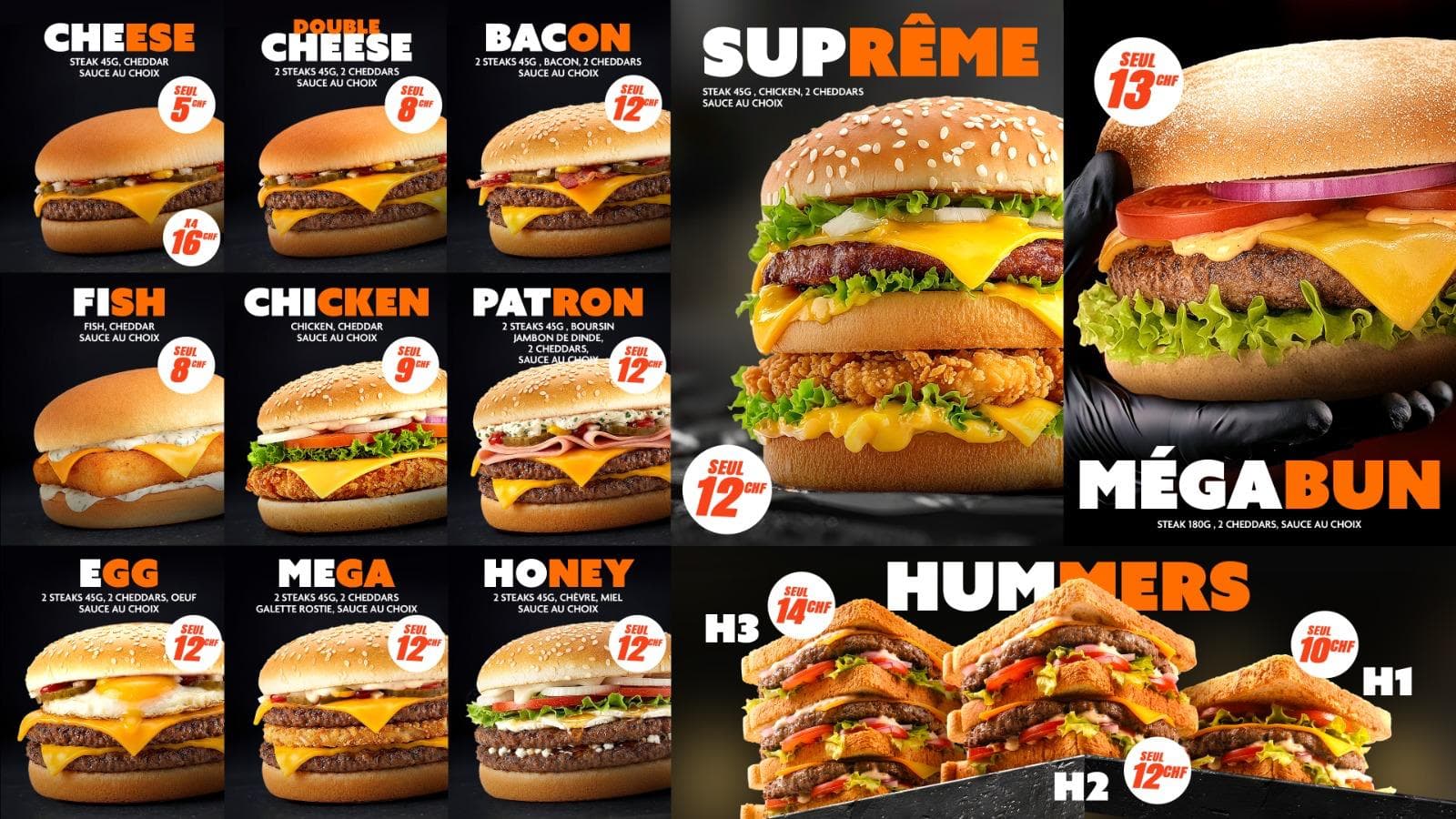 Carte des burgers et Hummers du Panama, avec compositions et prix en CHF.