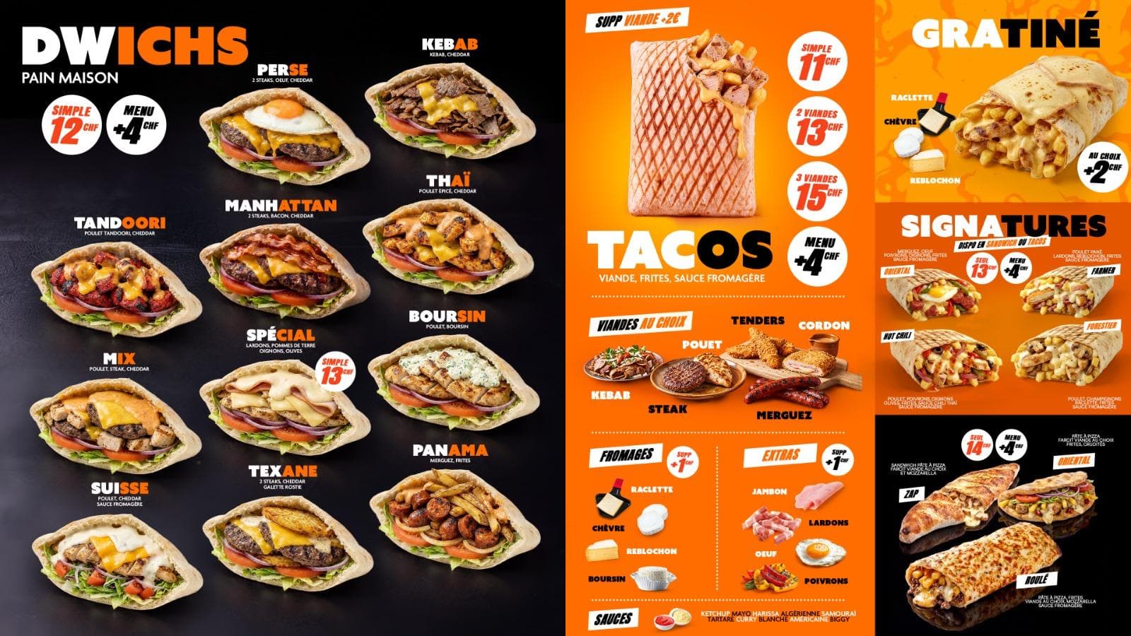 Carte des dwichs, tacos, gratinés et signatures du Panama avec les prix et suppléments.